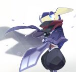  1boy black_pants blue_cape blue_eyes blue_flower blue_skin cape clothed_pokemon colored_skin commentary_request covered_mouth crossed_arms falling_petals fins flower frog_boy furry furry_male greninja half-closed_eyes head_fins highres kiki_(431642) looking_to_the_side male_focus multicolored_skin muneate ninja outline pants partial_commentary petals pokemon pokemon_(creature) puffy_pants purple_flower red_scarf scarf simple_background solo two-tone_skin white_background white_outline yellow_skin 