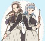  2girls alternate_costume alternate_hairstyle apron black_dress blue_hair blush broom brown_eyes brown_hair closed_mouth commentary dorothea_arnault dress earrings enmaided fire_emblem fire_emblem:_three_houses green_eyes grin holding holding_broom holding_weapon jewelry juliet_sleeves long_hair long_sleeves looking_at_viewer maid maid_headdress marianne_von_edmund multiple_girls puffy_sleeves smile tenjin_(ahan) waist_apron wavy_hair weapon white_apron 