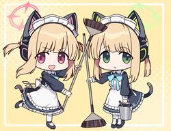  2girls :d :o animal_ear_headphones animal_ears apron bell_(oppore_coppore) black_dress black_footwear blonde_hair blue_archive blue_bow bow broom brown_background bucket chibi collared_dress commentary_request dress fake_animal_ears frilled_apron frills hair_bow halftone halftone_background halo headphones highres holding holding_broom holding_bucket long_sleeves maid maid_apron maid_headdress midori_(blue_archive) midori_(maid)_(blue_archive) momoi_(blue_archive) momoi_(maid)_(blue_archive) multiple_girls pantyhose parted_lips pink_eyes puffy_long_sleeves puffy_sleeves red_bow shoes siblings sisters smile standing standing_on_one_leg tail twins twintails white_apron white_pantyhose 