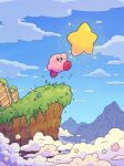  :d arm_up blue_eyes blue_sky blush blush_stickers cliff clouds commentary_request day flower grass harukui highres jumping kirby kirby_(series) mountain no_humans open_mouth outdoors sky smile solo star_(symbol) warp_star 