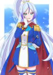  1girl blue_cape blue_eyes blue_hair cape epaulettes fingerless_gloves gloves gradient_hair grey_hair high_ponytail highres hirogaru_sky!_precure long_hair moro_precure multicolored_hair pink_eyes precure red_cape shalala_(precure) solo streaked_hair thigh-highs two-sided_cape two-sided_fabric uniform very_long_hair white_gloves 