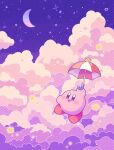  :d arm_up blush blush_stickers clouds cloudy_sky commentary_request crescent_moon floating harukui highres holding holding_umbrella kirby kirby_(series) moon night night_sky no_humans open_mouth outdoors parasol parasol_kirby sky smile solo star_(sky) star_(symbol) umbrella violet_eyes 