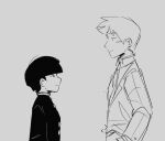  2boys animated animated_gif blunt_bangs closed_eyes commentary english_commentary formal from_side gakuran grey_background greyscale hug kageyama_shigeo long_sleeves looking_at_another male_focus mob_psycho_100 monochrome mp100days multiple_boys open_mouth reigen_arataka school_uniform short_hair simple_background smile suit upper_body 