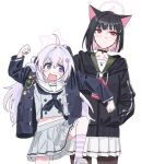  2girls ahoge angry animal_ears arm_up black_choker black_coat black_hair black_hoodie black_neckerchief blue_archive blush brown_pantyhose cat_ears cat_girl choker clenched_hands closed_mouth clothes_grab coat collarbone colored_inner_hair commentary_request cowboy_shot expressionless foot_up grey_shirt grey_skirt hair_ornament halo hand_in_pocket height_difference highres hood hood_down hoodie kazusa_(blue_archive) kneehighs light_blush long_hair looking_at_another low_twintails midriff_peek multicolored_hair multiple_girls navel neckerchief open_clothes open_coat pantyhose pink_hair pink_socks pleated_skirt red_eyes reisa_(blue_archive) sailor_collar school_uniform serafuku shirt simple_background skirt socks standing standing_on_one_leg star_(symbol) star_hair_ornament striped striped_socks tamayume tareme twintails v-shaped_eyebrows violet_eyes white_background white_sailor_collar white_skirt 