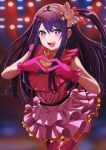  1girl belt black_belt blurry blurry_background blush boots commentary_request dress frilled_dress frilled_gloves frills gloves hair_between_eyes hair_ornament heart heart_hands highres hoshino_ai_(oshi_no_ko) idol long_hair one_side_up open_mouth oshi_no_ko partial_commentary pink_dress pink_footwear pink_gloves pink_ribbon purple_hair rabbit_hair_ornament ribbon sidelocks sleeveless sleeveless_dress solo star-shaped_pupils star_(symbol) star_hair_ornament suzuki_(white-world) symbol-shaped_pupils teeth thigh_boots turtleneck_dress 