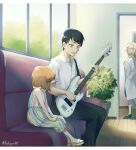  1boy 2girls aged_down astrayin bare_arms bare_shoulders black_hair brown_hair commentary couch dress guitar haibara_ai highres holding holding_instrument indoors instrument lab_coat meitantei_conan miyano_elena multiple_girls music playing_instrument scotch_(meitantei_conan) shirt shoes short_hair sitting striped striped_dress symbol-only_commentary white_shirt window 