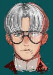  1boy aqua_eyes cigarette close-up glasses green_background grey_hair highres isshiki_(ffmania7) looking_at_viewer male_focus original parted_lips short_hair sketch smoking solo straight-on 