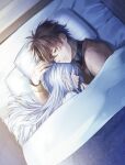  1boy 1girl 86_-eightysix- brown_hair brown_shirt closed_eyes closed_mouth couple from_above head_on_head head_rest hetero highres long_hair lying on_bed on_side one_eye_closed pillow red_eyes shinei_nouzen shintake shirt short_hair sleeping straight_hair under_covers vladilena_millize white_hair 