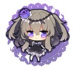  1girl :&lt; absurdres black_dress black_footwear blush brown_hair chibi closed_mouth commentary_request doily dress flower frilled_dress frills hair_between_eyes hair_flower hair_ornament hand_up highres long_hair looking_at_viewer meimei_himari milkpanda pantyhose purple_flower purple_rose rose see-through shoes short_eyebrows simple_background solo sparkle thick_eyebrows two_side_up very_long_hair violet_eyes virtual_youtuber voicevox white_background white_pantyhose 