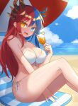  1girl bare_arms bare_legs bare_shoulders beach bikini blue_eyes blue_hair blue_horns blush breasts bright_pupils chair cup dragon_girl dragon_horns drinking_glass drinking_straw heterochromia highres horns inferna_dragnis large_breasts long_hair looking_at_viewer multicolored_hair non-web_source ocean on_chair orange_eyes orange_horns orange_juice original outdoors pale_skin redhead sand scenery sitting smile solo split-color_hair swimsuit symbol-shaped_pupils two-tone_hair umbrella usagi1923 water white_bikini white_pupils 
