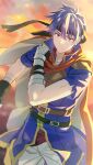  1boy bandaged_arm bandages belt black_gloves black_headband blue_eyes blue_hair blurry blurry_background cape closed_mouth clouds day fire_emblem fire_emblem:_path_of_radiance gauntlets gloves hair_between_eyes headband highres ike_(fire_emblem) looking_at_viewer male_focus outdoors pants sephikowa sky solo torn_clothes 