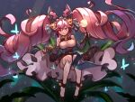  1girl bell big_hair blue_hair breasts cleo_(dragalia_lost) dragalia_lost dress drill_hair full_body hair_bell hair_ornament highres holding holding_wand long_hair looking_at_viewer miya_(miyaruta) multicolored_hair parted_lips pink_eyes pink_hair solo thigh-highs twin_drills twintails two-tone_hair very_long_hair wand white_thighhighs 