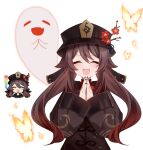  1girl black_nails blush brown_hair bug butterfly chibi closed_eyes genshin_impact genshin_impact_sticker_redraw_(meme) ghost happy hat highres hu_tao_(genshin_impact) looking_at_viewer meme ougi_(u_to4410) own_hands_together simple_background smile solo twintails white_background 