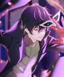  1boy amamiya_ren black_coat black_hair coat eye_mask gem gloves hair_between_eyes highres holding holding_mask male_focus mask open_clothes open_coat parted_lips persona persona_5 purple_hair red_eyes red_gloves sephikowa solo upper_body white_mask 