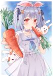  1girl aid! animal_ears belt blue_hair blue_neckerchief blue_ribbon blush bow_hairband carrot carrot_hair_ornament choker cowboy_shot dress eating fake_animal_ears flat_chest food-themed_hair_ornament hair_ornament hair_ribbon hairband hairclip highres holding holding_carrot hololive incoming_food neckerchief nousagi_(usada_pekora) official_alternate_costume official_alternate_hair_length official_alternate_hairstyle rabbit_ears red_eyes ribbon sailor_collar sailor_dress short_dress short_eyebrows short_hair short_sleeves solo thick_eyebrows two_side_up usada_pekora usada_pekora_(4th_costume) virtual_youtuber white_belt white_choker white_dress white_hairband white_sailor_collar 