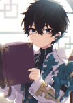  1boy black_hair black_shirt book closed_mouth commentary_request dan_heng_(honkai:_star_rail) grey_eyes hair_between_eyes highres holding holding_book honkai:_star_rail honkai_(series) jacket long_sleeves looking_at_viewer male_focus mamyouda open_book open_clothes open_jacket shirt sleeves_past_wrists solo upper_body white_jacket wide_sleeves 