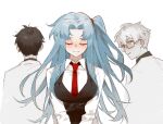  1girl 2boys amano_meme angela_(project_moon) ayin_(project_moon) benjamin_(project_moon) black_hair black_vest blue_hair breasts closed_eyes collared_shirt facing_viewer glasses large_breasts lobotomy_corporation long_hair looking_back multiple_boys necktie one_side_up parted_lips project_moon red_necktie shirt simple_background upper_body very_long_hair vest white_background white_hair white_shirt 