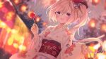 1girl azur_lane blurry blurry_background candy_apple evening festival floral_print flower food hair_flower hair_ornament holding japanese_clothes juno_(azur_lane) juno_(fairly_flavourful_festival)_(azur_lane) kimono kyouya0514 lights long_hair long_sleeves looking_at_viewer official_alternate_costume open_mouth pink_hair pink_kimono pink_nails ponytail red_flower side_ponytail smile solo summer_festival tree upper_body violet_eyes wide_sleeves yukata 