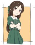  1girl aayh bow brown_background brown_eyes brown_hair closed_mouth collared_dress commentary_request dress green_bow green_dress hair_bow idolmaster idolmaster_cinderella_girls idolmaster_cinderella_girls_u149 long_hair looking_at_viewer object_hug parted_bangs pleated_dress puffy_short_sleeves puffy_sleeves short_sleeves signature smile solo tablet_pc tachibana_arisu two-tone_background v-shaped_eyebrows very_long_hair white_background 