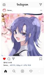  1girl blue_archive blurry blurry_background blush casual character_name fake_screenshot happy_anniversary hashtag highres instagram korean_text looking_at_viewer outdoors portrait purple_hair seno_(senohime) smile solo upper_body violet_eyes when_you_see_it yuuka_(blue_archive) 