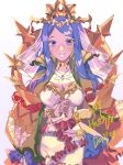  1girl blue_eyes blue_hair boatdahlia closed_mouth crown dress fire_emblem fire_emblem_engage flower frilled_dress frills highres long_hair looking_at_viewer lumera_(fire_emblem) own_hands_clasped own_hands_together solo veil white_background white_dress 