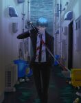  1boy black_gloves black_necktie black_pants black_suit blood blood_on_clothes blood_on_weapon blue_hair bottle can closed_eyes collared_shirt fate/grand_order fate_(series) formal gloves hand_in_pocket highres holding holding_sword holding_weapon long_sleeves male_focus na_na_na necktie outdoors pants saitou_hajime_(fate) shirt short_hair soda_can solo suit sword trash_bag trash_can weapon wet wet_hair white_shirt 