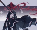  1girl black_dress black_ribbon dress hair_ribbon long_hair mao_(expuella) ponytail punishing:_gray_raven redhead ribbon sheath sheathed vera_(punishing:_gray_raven) very_long_hair 