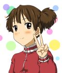  1girl blush brown_eyes brown_hair closed_mouth jacket k-on! maabe medium_hair solo suzuki_jun track_jacket track_suit v 