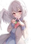  1girl absurdres blush closed_mouth dress feathered_wings grey_hair grey_jacket highres jacket kishin_sagume long_sleeves niko_kusa open_clothes open_jacket purple_dress red_eyes short_hair signature single_wing solo touhou upper_body white_background white_wings wings 