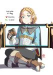  1boy 1girl automatic_giraffe blonde_hair blush boots braid cape english_commentary fingerless_gloves gloves green_eyes handheld_game_console highres holding holding_handheld_game_console like_and_retweet link long_sleeves looking_at_viewer medium_hair nintendo_switch pointy_ears pov princess_zelda sheikah_slate simple_background smile the_legend_of_zelda the_legend_of_zelda:_breath_of_the_wild the_legend_of_zelda:_tears_of_the_kingdom white_background 