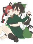  2girls :t ;) ahoge animal_ear_fluff animal_ears arm_under_breasts bird_wings black_hair blush bow braid breasts cat_ears citrus_(place) dress extra_ears finger_to_another&#039;s_cheek foot_out_of_frame green_bow green_dress green_skirt hair_between_eyes hair_bow hair_ribbon highres holding_another&#039;s_hair hug hug_from_behind kaenbyou_rin knees_together_feet_apart long_hair low_wings medium_breasts multiple_girls one_eye_closed parted_lips red_eyes redhead reiuji_utsuho ribbon shirt sitting skirt smile teeth touhou tress_ribbon twin_braids very_long_hair white_shirt wings yuri 