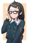  1girl bespectacled black-framed_eyewear black_hair blush braid braided_ponytail glasses hand_on_eyewear highres idolmaster idolmaster_cinderella_girls idolmaster_cinderella_girls_u149 looking_at_viewer matoba_risa multicolored_hair neck_ribbon neko_uchi_(hinausa0522) official_alternate_costume official_alternate_hairstyle ribbon sailor_collar simple_background smile solo sparkle swept_bangs two-tone_hair upper_body 