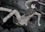  1boy absurdres arm_up black_background black_hair buttons checkered_clothes checkered_scarf danganronpa_(series) danganronpa_v3:_killing_harmony double-breasted from_side grey_background grey_jacket grey_pants hair_between_eyes highres jacket long_sleeves looking_at_viewer oma_kokichi open_mouth pants scarf shoes shopping_cart solo torn_jacket violet_eyes wa_noko 