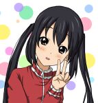  1girl black_hair blush head_tilt jacket k-on! long_hair looking_at_viewer maabe nakano_azusa open_mouth solo track_jacket track_suit twintails v 