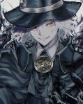  1boy black_gloves cloak edmond_dantes_(fate) fate/grand_order fate_(series) fedora gloves green_cloak hat highres looking_at_viewer male_focus medallion short_hair smile solo sunanogimo wavy_hair white_background white_hair yellow_eyes 