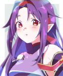  1girl armor bare_shoulders blush breastplate chromatic_aberration detached_sleeves fairy_(sao) hairband highres kinoope long_hair looking_at_viewer parted_bangs parted_lips pointy_ears purple_armor purple_hair red_eyes red_hairband solo sword_art_online upper_body yuuki_(sao) 