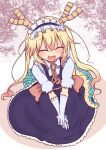  blonde_hair blue_dress blush closed_mouth collared_shirt commentary_request cool-kyou_shinja dragon_girl dragon_horns dragon_tail dress elbow_gloves gloves gradient_hair highres horns kobayashi-san_chi_no_maidragon long_sleeves maid maid_headdress multicolored_hair necktie open_mouth puffy_long_sleeves puffy_sleeves red_necktie redhead shirt smile tail tohru_(maidragon) twintails white_gloves white_shirt 