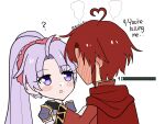  1boy 1girl ? artist_name asukaaasuu azelle_(fire_emblem) blush cape coat confused dress fire_emblem fire_emblem:_genealogy_of_the_holy_war gameplay_mechanics hairband health_bar heart highres long_hair open_mouth ponytail purple_hair red_cape red_hairband very_long_hair white_dress 