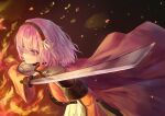  1girl armor cape fire_emblem fire_emblem_engage hair_ribbon hairband highres holding holding_sword holding_weapon lapis_(fire_emblem) long_sleeves looking_to_the_side pink_eyes pink_hair ribbon short_hair solar_torch solo sword weapon 