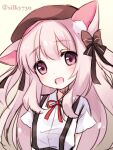  1girl animal_ear_fluff animal_ears artist_name azur_lane black_headwear black_skirt bow cat_ears cat_girl child female_child hair_bow hat highres kisaragi_(azur_lane) long_hair looking_at_viewer open_mouth pink_eyes pink_hair retrofit_(azur_lane) ribbon school_uniform shirt short_sleeves silky_(silky_alice) skirt smile solo suspender_skirt suspenders two_side_up upper_body watermark white_shirt 