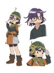  1girl bag belt blue_eyes chrono_trigger commentary glasses helmet highres kebe6p lucca_ashtear open_mouth purple_hair scarf short_hair shoulder_bag simple_background smile solo white_background 