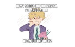  1boy blazer blonde_hair blush collared_shirt commentary english_commentary english_text flower green_necktie hanazawa_teruki highres holding holding_flower impact_(font) jacket long_sleeves looking_at_viewer male_focus meme mob_psycho_100 mp100days necktie open_mouth pink_flower purple_jacket school_uniform shirt short_hair simple_background smile solo upper_body white_background 