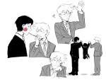  3boys arm_up blush_stickers cigarette closed_eyes closed_mouth collared_shirt commentary english_commentary formal greyscale hand_in_pocket head_rest highres holding_hands kageyama_shigeo long_sleeves looking_at_another looking_at_viewer male_focus mob_psycho_100 monochrome mp100days multiple_boys necktie open_mouth pants reigen_arataka shirt short_hair simple_background smile spot_color standing suit white_background 