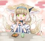  ajitarou_(setsu) animal_ear_fluff animal_ears arknights bare_shoulders black_collar blonde_hair blue_hairband braid clothing_cutout collar commentary_request earpiece food fox_ears fox_girl fox_tail frilled_sleeves frills green_eyes hairband holding holding_food infection_monitor_(arknights) kitsune kyuubi multicolored_hair multiple_tails open_mouth oripathy_lesion_(arknights) short_sleeves shoulder_cutout suzuran_(arknights) tail tail_wagging twin_braids two-tone_hair white_hair wrist_cuffs 