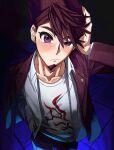  1boy blush brown_hair closed_mouth cowboy_shot danganronpa_(series) danganronpa_v3:_killing_harmony facial_hair frown goatee hair_between_eyes hand_in_own_hair highres jacket jilong_(eksrks99) looking_at_viewer male_focus momota_kaito open_clothes open_shirt pants pink_jacket pink_pants print_shirt shirt solo spiky_hair tile_floor tiles violet_eyes white_shirt 