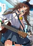  2girls acoustic_guitar animal_ears baseball_cap bike_shorts black_headwear black_necktie boc&#039;z_(umamusume) bracelet brown_hair cheval_grand_(umamusume) choker collared_shirt cowboy_shot ears_through_headwear green_eyes grey_shirt guitar hat head_tilt holding holding_microphone horse_ears instrument jewelry long_hair looking_at_viewer microphone microphone_stand misu_kasumi mr._c.b._(umamusume) multiple_girls necktie open_mouth scrunchie shirt shirt_tucked_in skirt sleeves_rolled_up smi solo_focus stage translation_request umamusume white_shirt wrist_scrunchie 