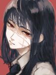  1girl absurdres black_hair blank_stare bonjindaaa chainsaw_man cross_scar expressionless head_tilt highres long_hair looking_at_viewer red_eyes ringed_eyes scar scar_on_cheek scar_on_face simple_background solo two-tone_background yoru_(chainsaw_man) 