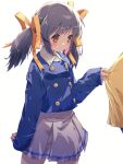 1girl 1other akayama_yukihe blue_hair blue_shirt brown_eyes buttons clannad cowboy_shot double-breasted highres long_hair school_uniform shirt shirt_tug simple_background skirt solo_focus standing sunohara_mei sunohara_youhei twintails white_background white_skirt yellow_ribbon