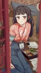 1girl :| arm_behind_back armband arms_at_sides artist_name black_hair blue_pants blunt_bangs blurry blurry_foreground blush brown_eyes casual cellphone chopsticks closed_mouth commentary denim food from_outside hair_strand highres hime_cut indoors ira_(servachok) jeans lanyard leaning_to_the_side long_hair long_sleeves looking_away looking_to_the_side messy_hair name_tag original pants paper phone pillow pink_shirt russian_commentary safety_pin servachok shirt sidelocks sitting smartphone solo sushi sweatdrop wallpaper_(object) weighing_scale window yokozuwari 