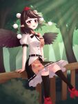  1girl :d bird_wings black_hair black_skirt black_socks black_wings breasts commentary english_commentary forest frilled_skirt frills geta high_heels highres looking_at_viewer medium_breasts nature open_mouth outdoors pom_pom_(clothes) pygrenix red_footwear red_headwear ribbon-trimmed_skirt ribbon_trim shameimaru_aya shirt short_hair short_sleeves sitting skirt smile socks solo tengu-geta touhou violet_eyes white_shirt wings 